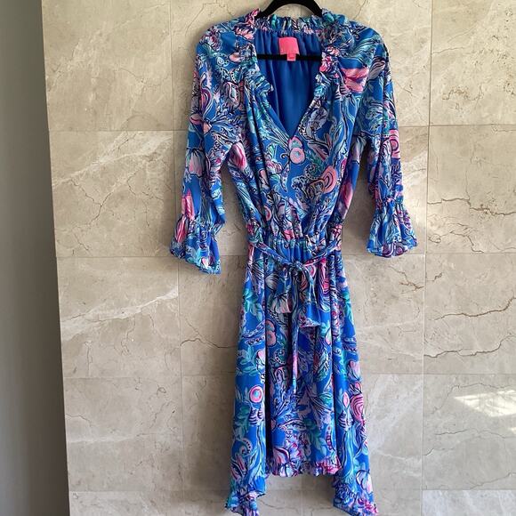 Lilly Pulitzer Dress, Small, Alyanna Belted Midi Blue Flattering Blousey Sleeved - Picture 5 of 10